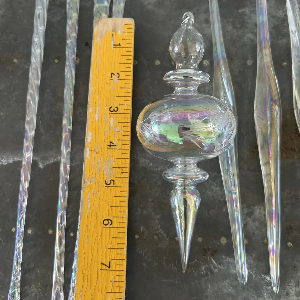 Lot Of 12 Vintage Ornaments Finial Ice Christmas Iridescent Swirl Blown Glass